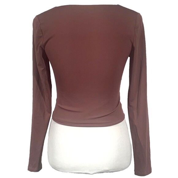 Babaton Aritzia Contour Top Womens M Rosy Brown Deep V Plunge Long Sleeve Fitted - Picture 3 of 8